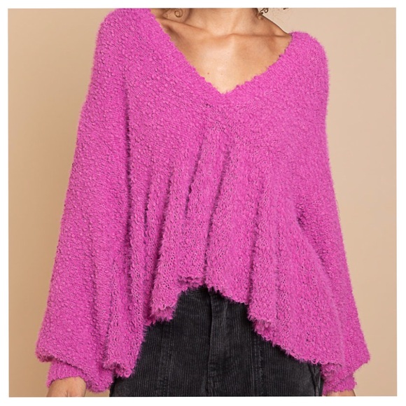 Hot Pink Magenta Peplum Top Long Balloon Sleeves Popcorn Sweater - Picture 2 of 9